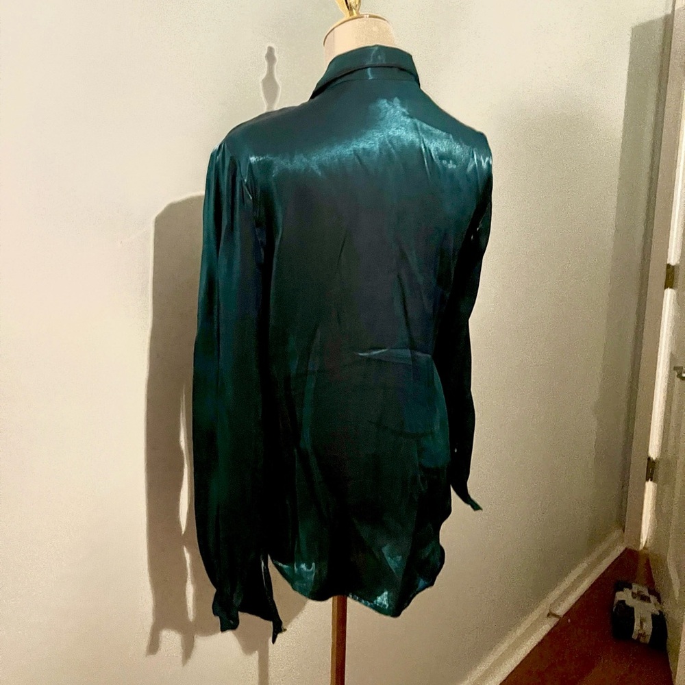 VTG Roughrider Circle T Emerald Green Western Pearl Snap Satin Shirt USA Size S - Picture 2 of 9